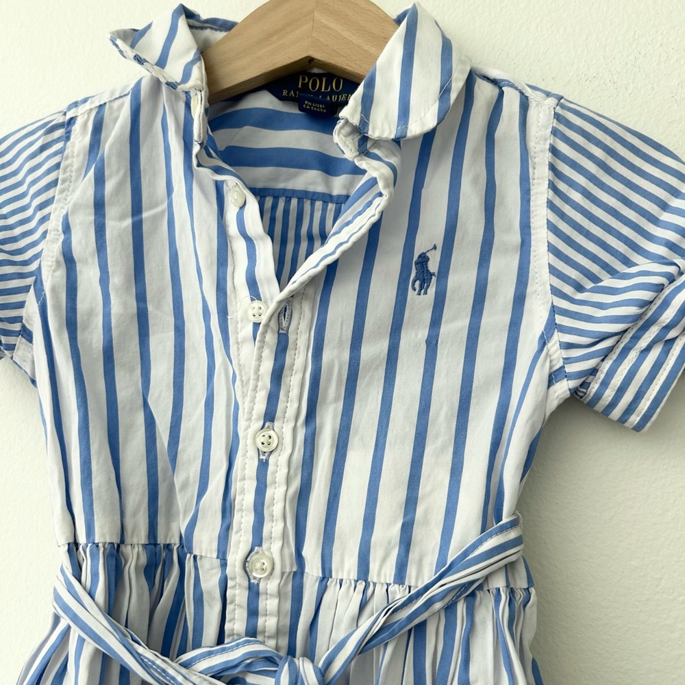 Polo by Ralph Lauren Girls 2T Blue White Striped Cotton Shirt Dress with Belt - Picture 4 of 5